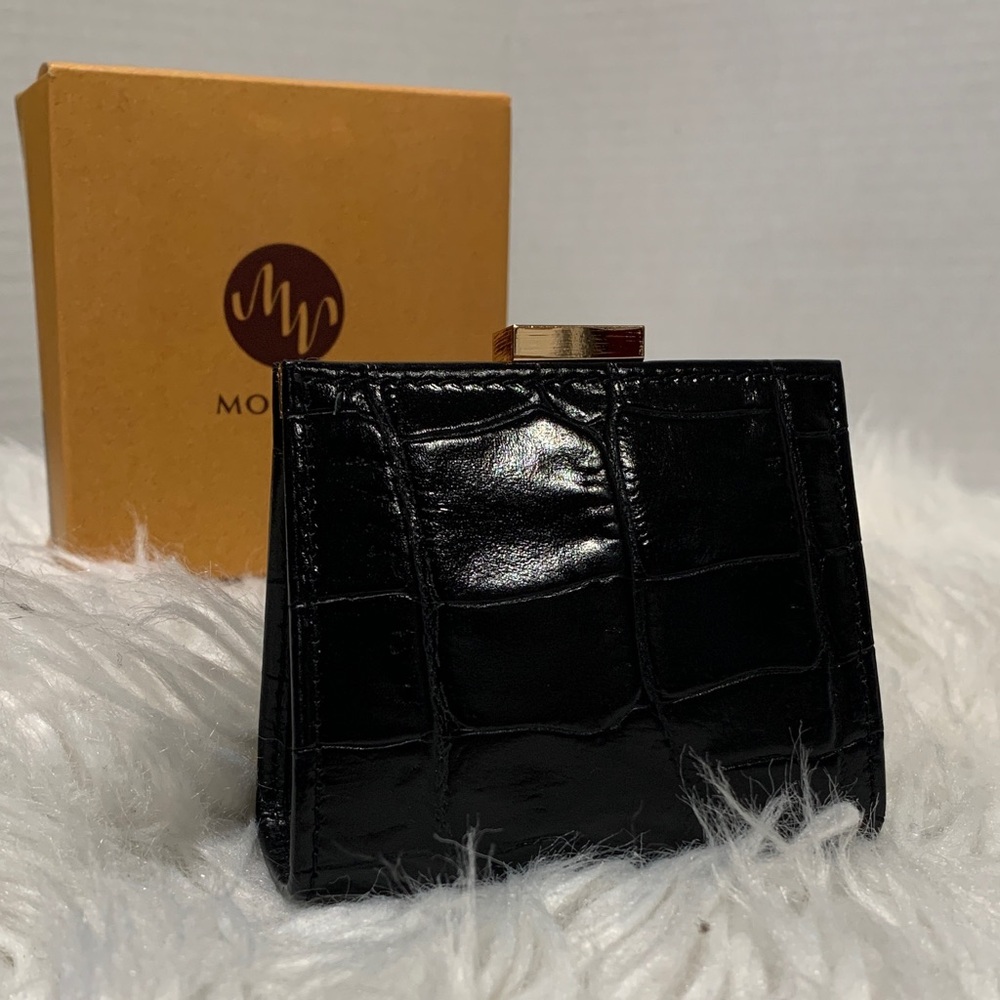 MONSAC Black Croc-Embossed Coin Purse/ Wallet